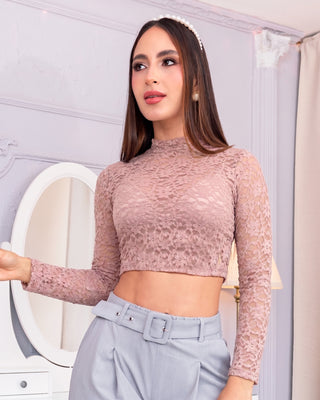 CROP TOP CAFE DE ENCAJE CORTO MANGA LARGA