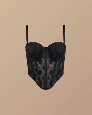 CROP TOP NEGRO DE ENCAJE Y COPAS EN PUNTA ABAJO