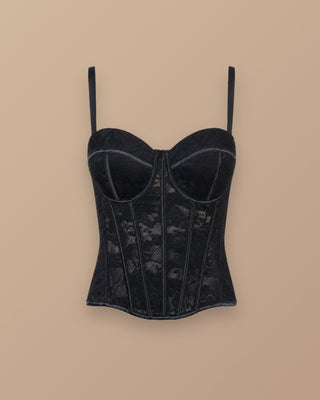 CROP TOP NEGRO DE ENCAJE Y COPAS TIPO CORSET EN LA PARTE DE ATRAS