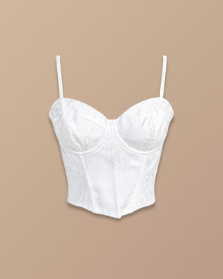 CROP TOP BLANCO EN SATIN DE FLORES Y VARILLAS CON TIRAS