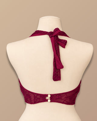 CROP TOP VINO TINTO DE ENCAJE CON VARILLA Y TIRA DE AMARRAR AL CUELLO
