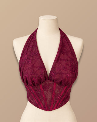 CROP TOP VINO TINTO DE ENCAJE CON VARILLA Y TIRA DE AMARRAR AL CUELLO