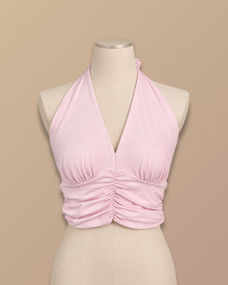 CROP TOP ROSADO RECOGIDO CON ESCOTE EN V Y TIRA AL CUELLO
