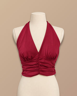 CROP TOP VINO TINTO RECOGIDO CON ESCOTE EN V Y TIRA AL CUELLO