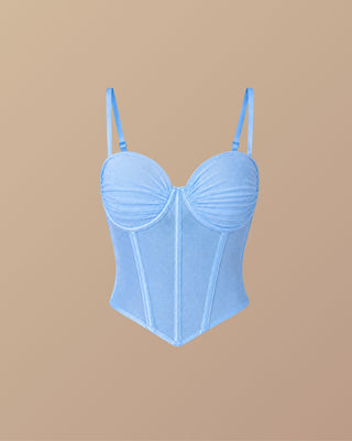 CROP TOP AZUL DE MALLATEX CON TIRAS Y COPAS DRAPEADAS