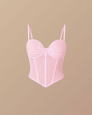 CROP TOP ROSADO DE MALLATEX CON TIRAS Y COPAS DRAPEADAS