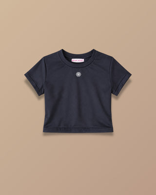 CROP TOP NEGRO MANGA CORTA CON FLOR DE PINK ROSE