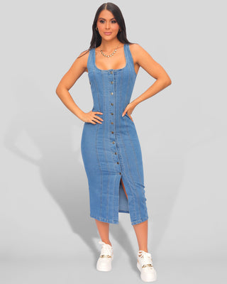Vestido largo de jean con 11 botones plateados