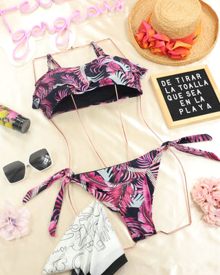 Vestido de baño dos piezas fucsia y negro