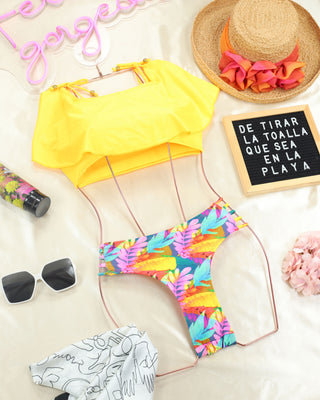 Vestido de baño dos piezas amarillo y verde