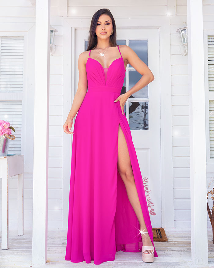 Vestido de noche largo en velo, elegante, fucsia – Pink Rose tk