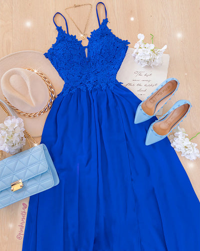 Vestido de noche largo de encaje con brillos, elegante, azul real
