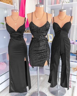 Vestido negro largo satin tiras copas y abertura