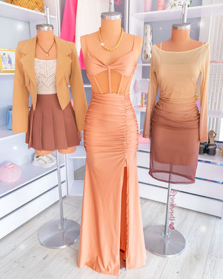 Vestido café y camel en mallatex