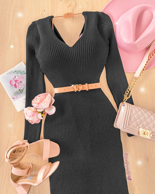 Vestido negro tejido manga larga escote en v