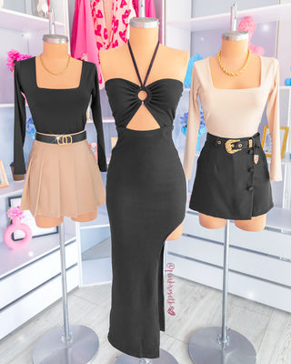 Vestido midi negro con escote halter, ajustado y abertura