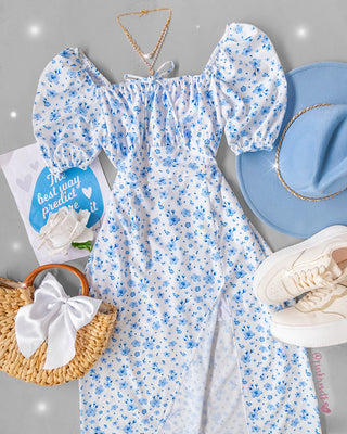 Vestido midi estampado floral azul manga corta puff
