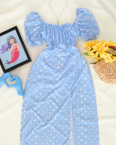 Vestido azul bebe maxi manga corta puff floral