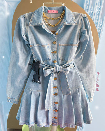 Vestido blue jean manga larga puff falda en a