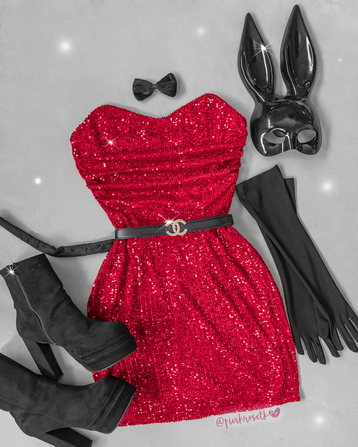 Vestido corto rojo strapless de lentejuela - H