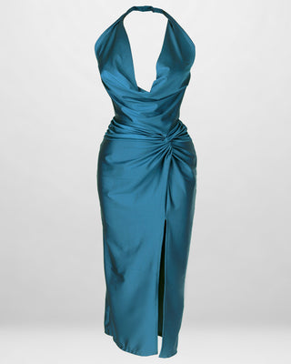 VESTIDO LARGO AZUL CON NUDO LATERAL EN LA CINTURA