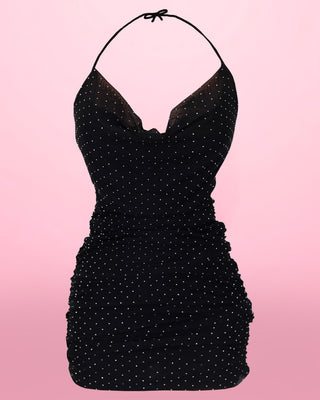 Vestido corto con apliques y cuello cuadrado