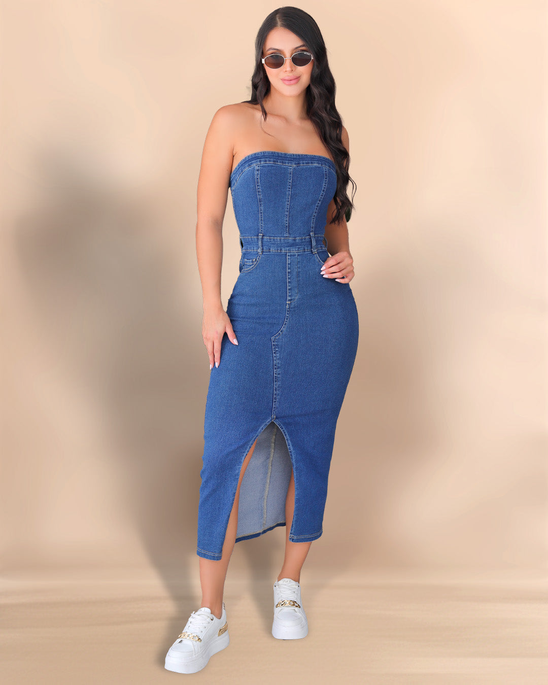 Vestido de jean strapless con abertura adelante – Pink Rose tk