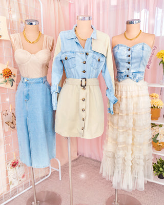 Vestido de jean bicolor manga larga con lazo