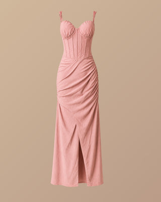VESTIDO ROSADO LARGO DE ABERTURA CON COPAS Y LINEAS