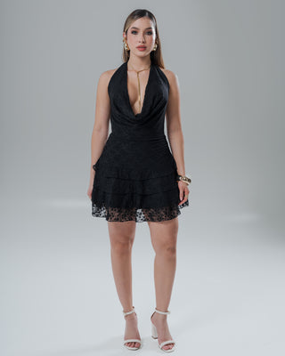 Vestido corto drapeado negro con bolero estilizado