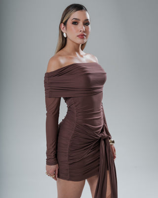 Vestido Corto Bandeja Manga Larga con Amarre Lateral