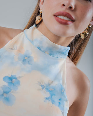 VESTIDO LARGO DE MALLATEX RECOGIDO Y ESTAMPADO FLOR AZUL