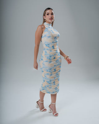 VESTIDO LARGO DE MALLATEX RECOGIDO Y ESTAMPADO FLOR AZUL