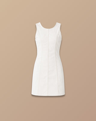VESTIDO DE JEAN BLANCO CHAMPAN CORTO CON TIRAS DE AMARRAR ATRAS