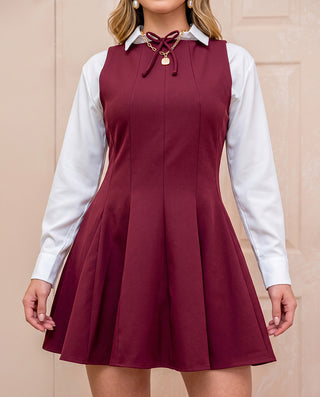 VESTIDO VINO TINTO MANGA SISA CON MOÑO EN EL CUELLO