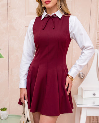VESTIDO VINO TINTO MANGA SISA CON MOÑO EN EL CUELLO