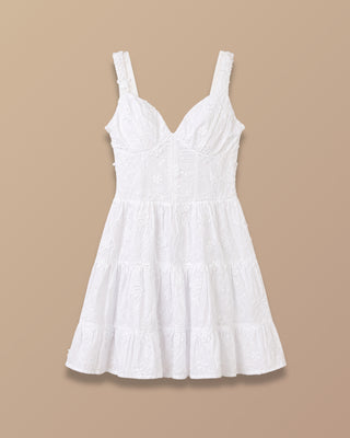 VESTIDO BLANCO CORTO DE OJALILLOCON COPAS Y FLORES