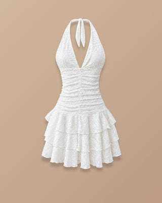 VESTIDO BLANCO DE ENCAJE Y BOLEROS CON RECOGIDO TIRA AL CUELLO