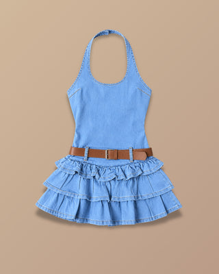 VESTIDO AZUL CON TIRA AL CUELLO DE BOLEROS Y CORREA CAFE