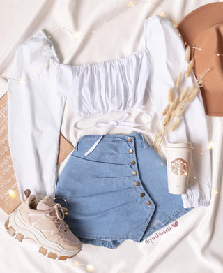 Falda short de blue jean, drapeado y botones