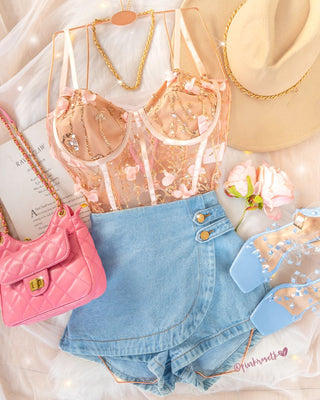 Bustier rosado tipo corsé floral 3d sin copas