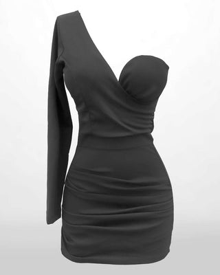 VESTIDO CORTO DRAPEADO UNA MANGA COPAS