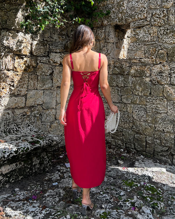 Vestido largo rojo tiras abertura