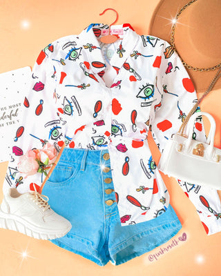 CAMISA EN SATIN MANGA LARGA DE OJITOS Y LABIOS