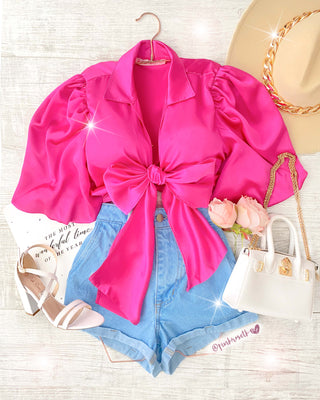 BLUSA SATIN MANGA ENGLOBADA DE AMARRAR EN FRENTE