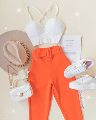 Pantalón Naranja pretina v y hebilla forrada