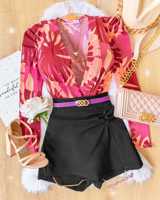 Body manga larga cruzado estampado