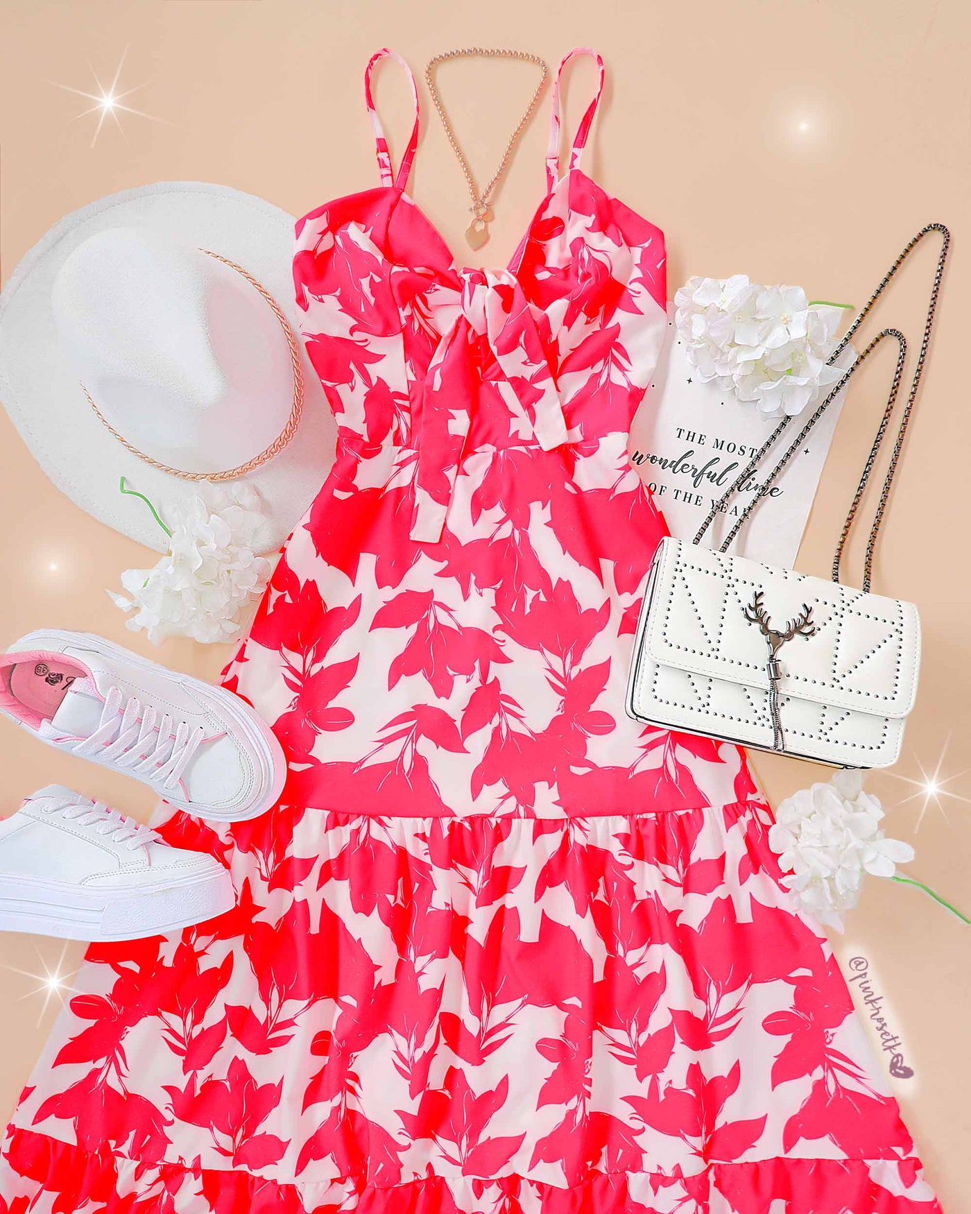 Vestido largo de tiras estampado de hojas – Pink Rose tk