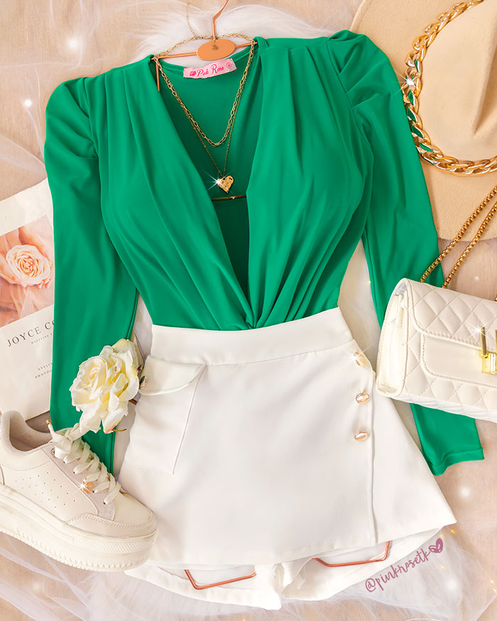 Bodysuit cruzado con manga puff en verde esmeralda. – Pink Rose tk