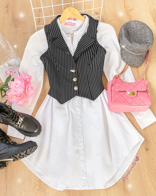 chaleco negro raya tiza botones cobre